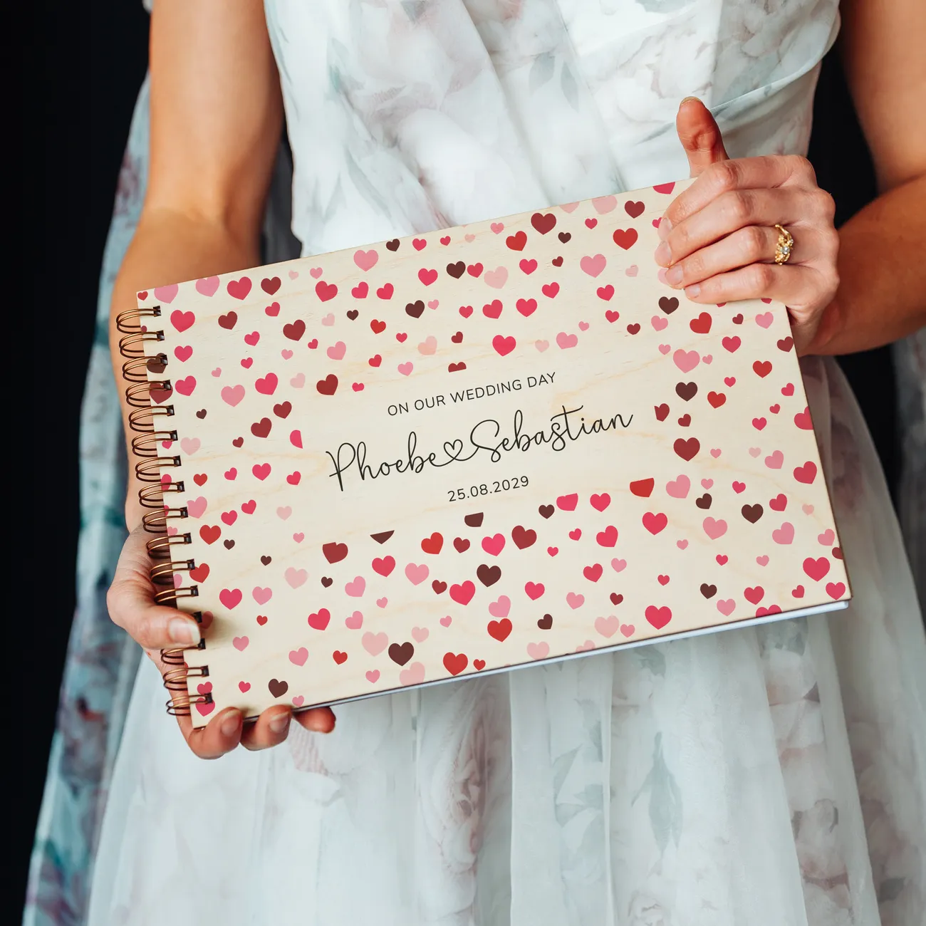 confetti hearts personalised wooden wedding guest book with spiral wire binding and personalised wooden cover