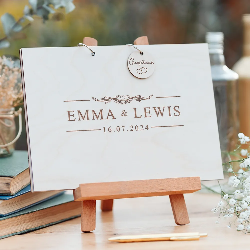 Wooden wedding guest book with engraved wildflower border design handmade in Norwich Norfolk UK