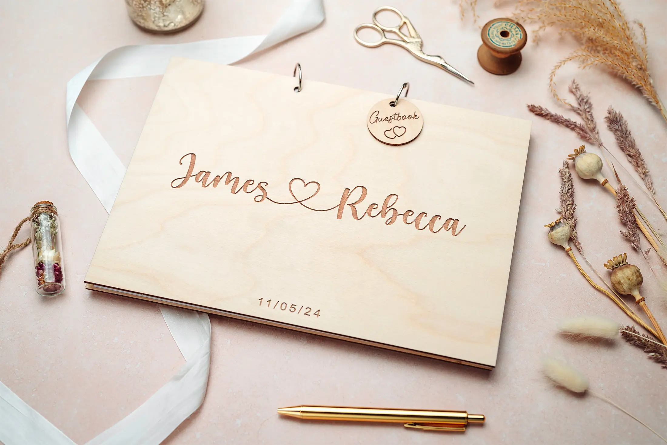 Love Heart Wedding Guest Book open showing the lined interior pages