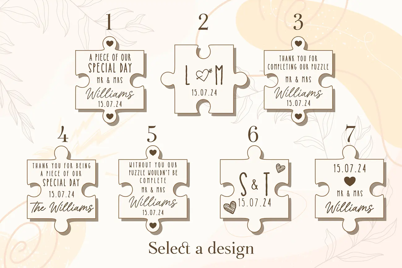 Close-up of an engraved puzzle piece wedding favour