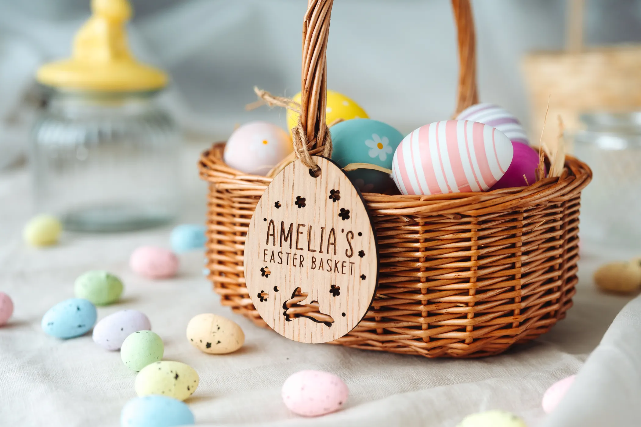 Egg Hunt Easter Basket Tag laser-engraved on wood