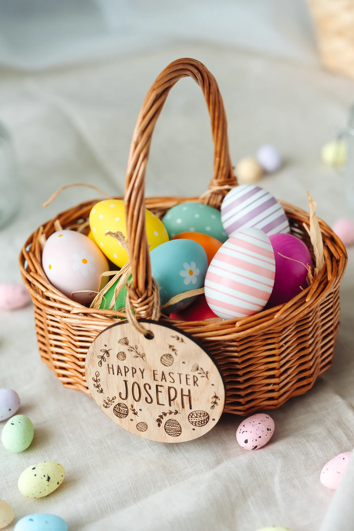 Easter Hunt Basket Name Tag tied to an Easter basket