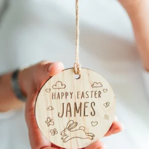 Close-up of the easter basket name tag engraving