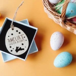 Close-up of the egg hunt easter basket tag engraving