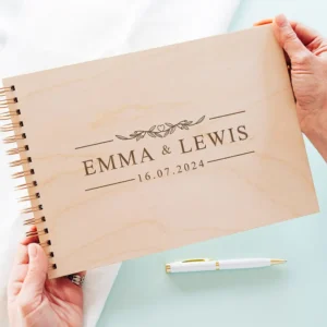 Five-star customer review photo of personalised wooden wedding guest book by CluckingBelle Designs