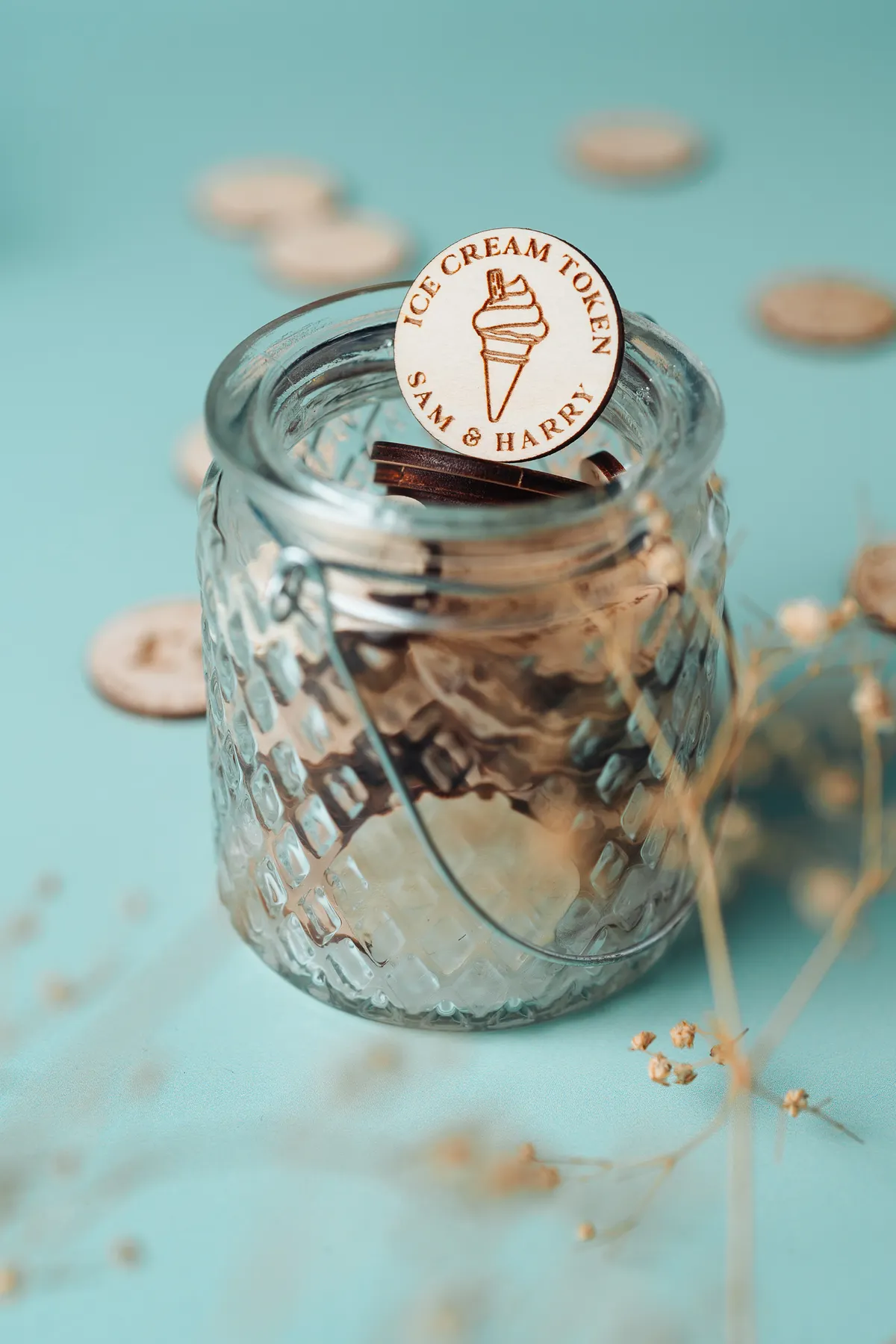 Close-up detail of personalised food tokens