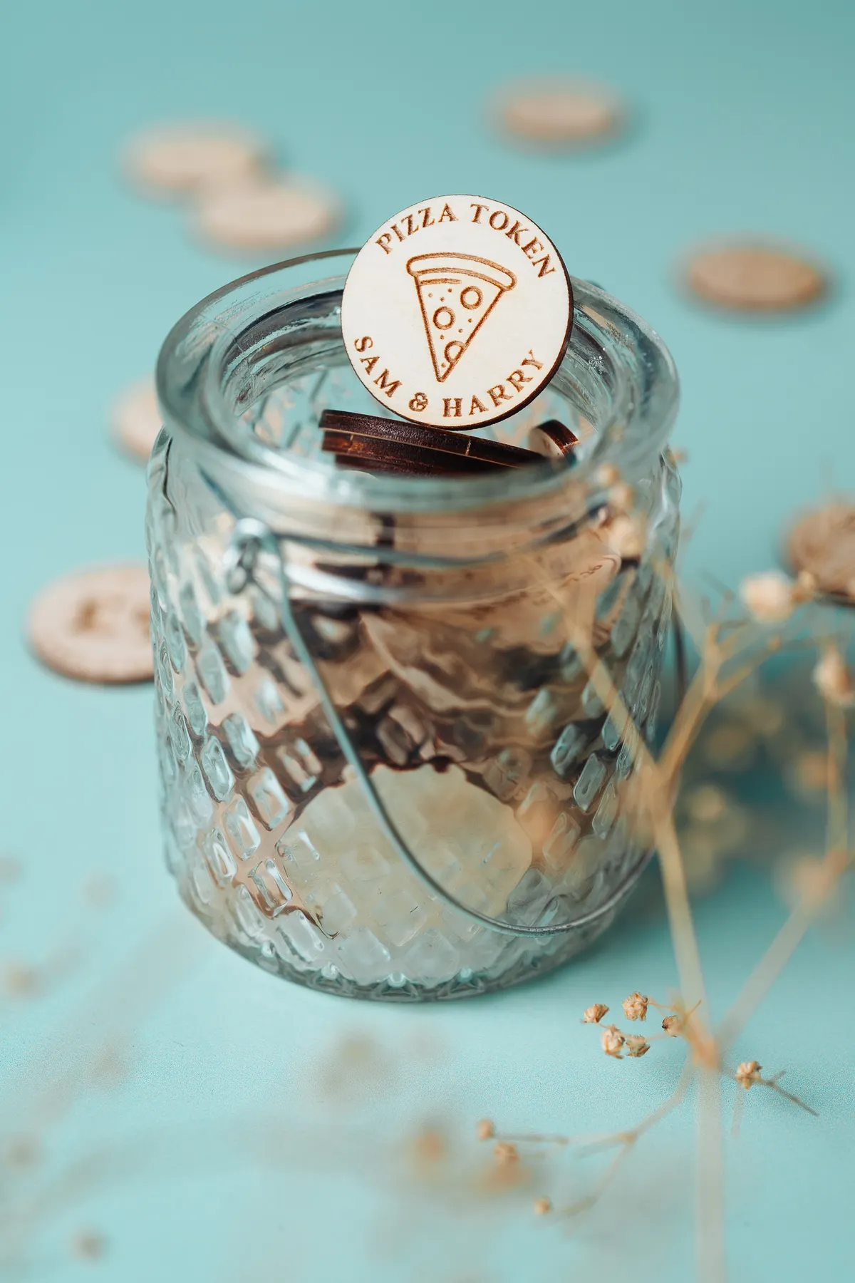 Personalised personalised food tokens engraved on birch plywood