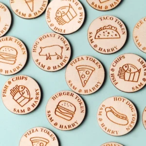 Personalised wooden food tokens for weddings and events with laser-engraved design handmade in UK