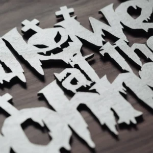 Close-up of the spooky halloween sign engraving