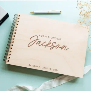 Five-star review customer photo of personalised wedding guest book handmade by CluckingBelle Designs Norwich