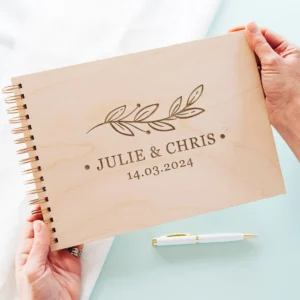 Customer review showing personalised wooden wedding guest book delivered by CluckingBelle Designs UK