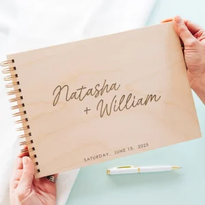 Modern minimal personalised wooden wedding guest book with clean engraved design made in Norwich UK