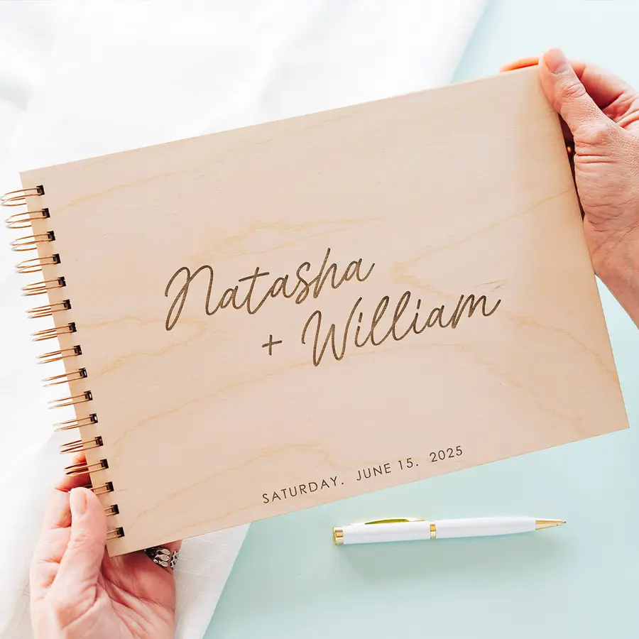 Modern Spiral-Bound Wedding Guest Book 1 Modern minimal personalised wooden wedding guest book with clean engraved design made in Norwich UK