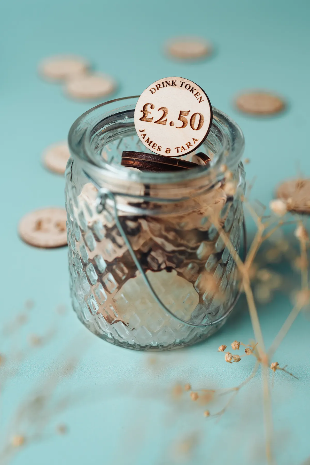 Cash Value Drink Tokens — personalised wooden wedding drink tokens