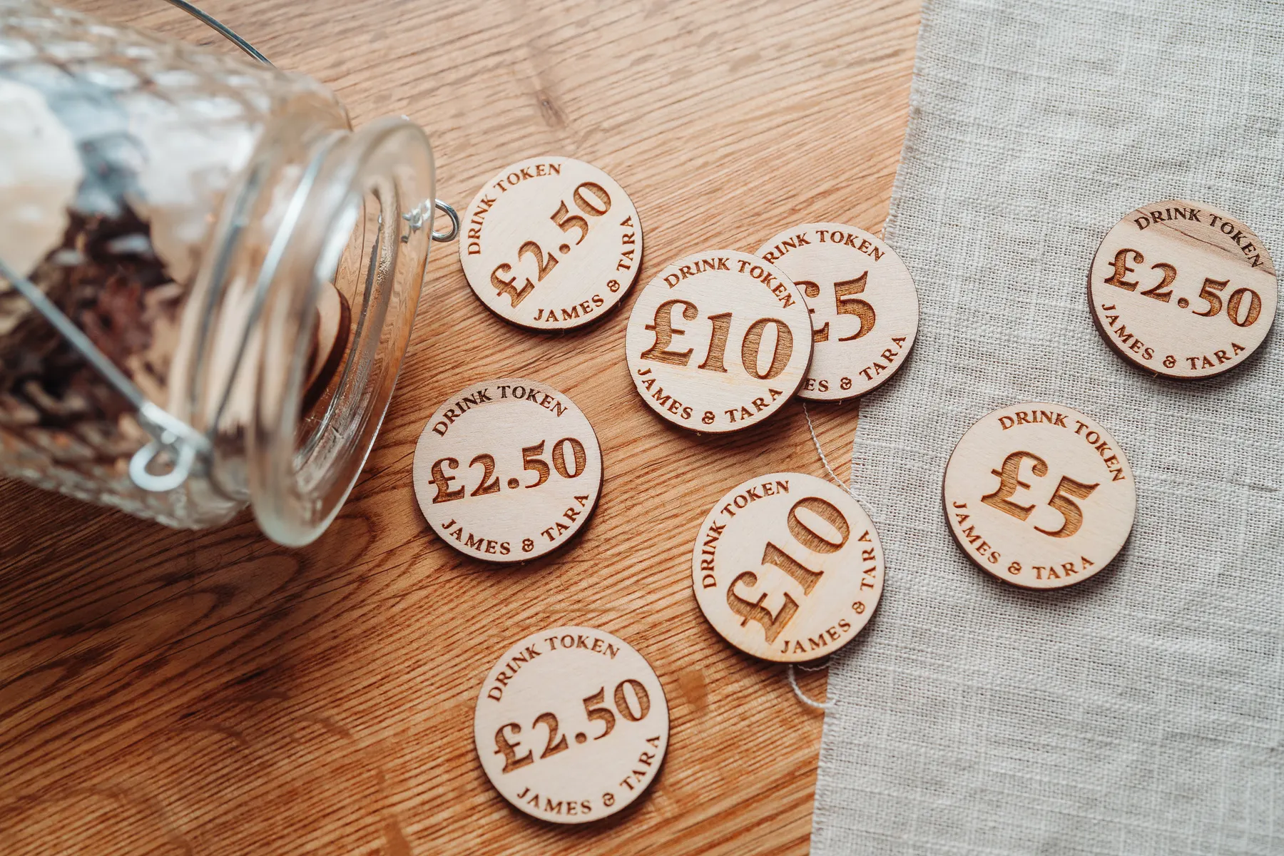 Set of cash value drink tokens for wedding guests