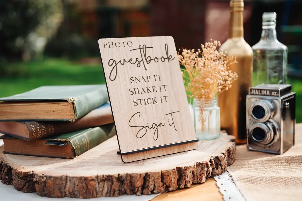 Snap it Shake it Stick it Sign it — personalised oak wedding sign
