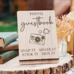 Snap It Shake It Stick It Sign It — personalised oak wedding sign