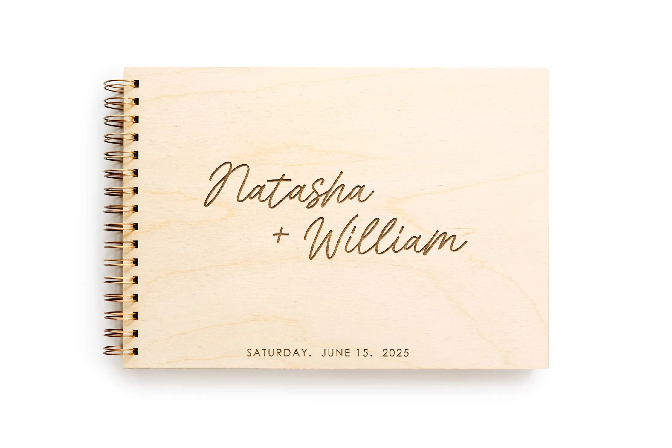 Spiral-Guestbooks-66.webp Laser-engraved wooden cover of the modern spiral-bound wedding guest book