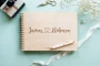 Laser-engraved wooden cover of the boho love heart wedding guest book