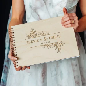 Floral Spiral-Bound Wedding Guest Book — personalised wooden wedding guest book