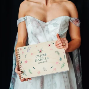 personalised engraved wedding guest book cover detail with laser-engraved floral design