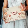 personalised autumn boho wedding guest book cover detail with laser-engraved floral design