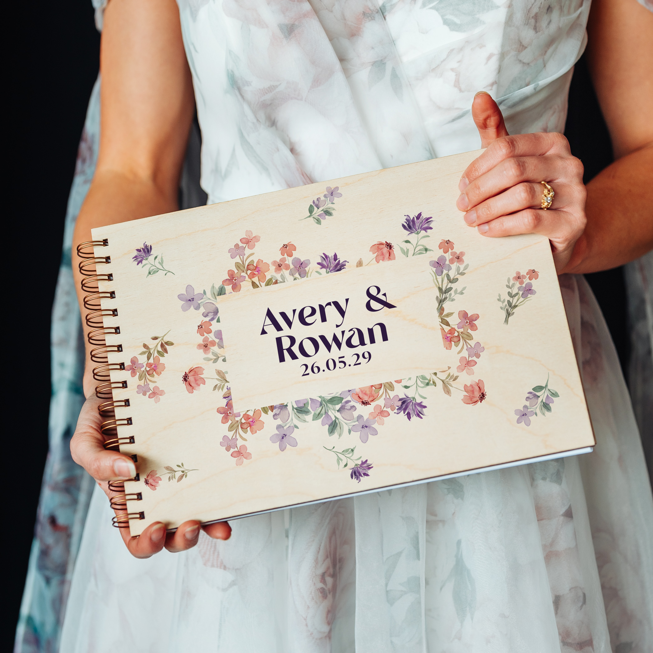 Wildflower border wedding guest book square UV-printed cover close-up with vibrant colour floral border design