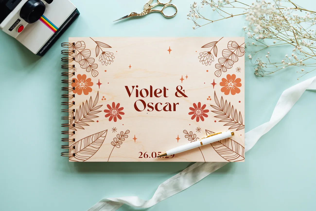 autumn boho wedding guest book open showing thick 160gsm white pages for guest messages
