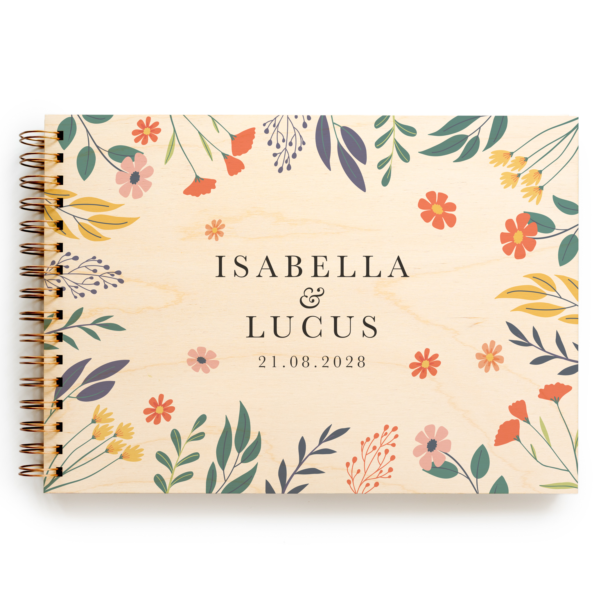 Bold botanical wedding guest book with full-colour UV-printed wooden cover, shown open with spiral binding