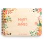 floral engraved personalised wooden wedding guest book with spiral wire binding and personalised wooden cover