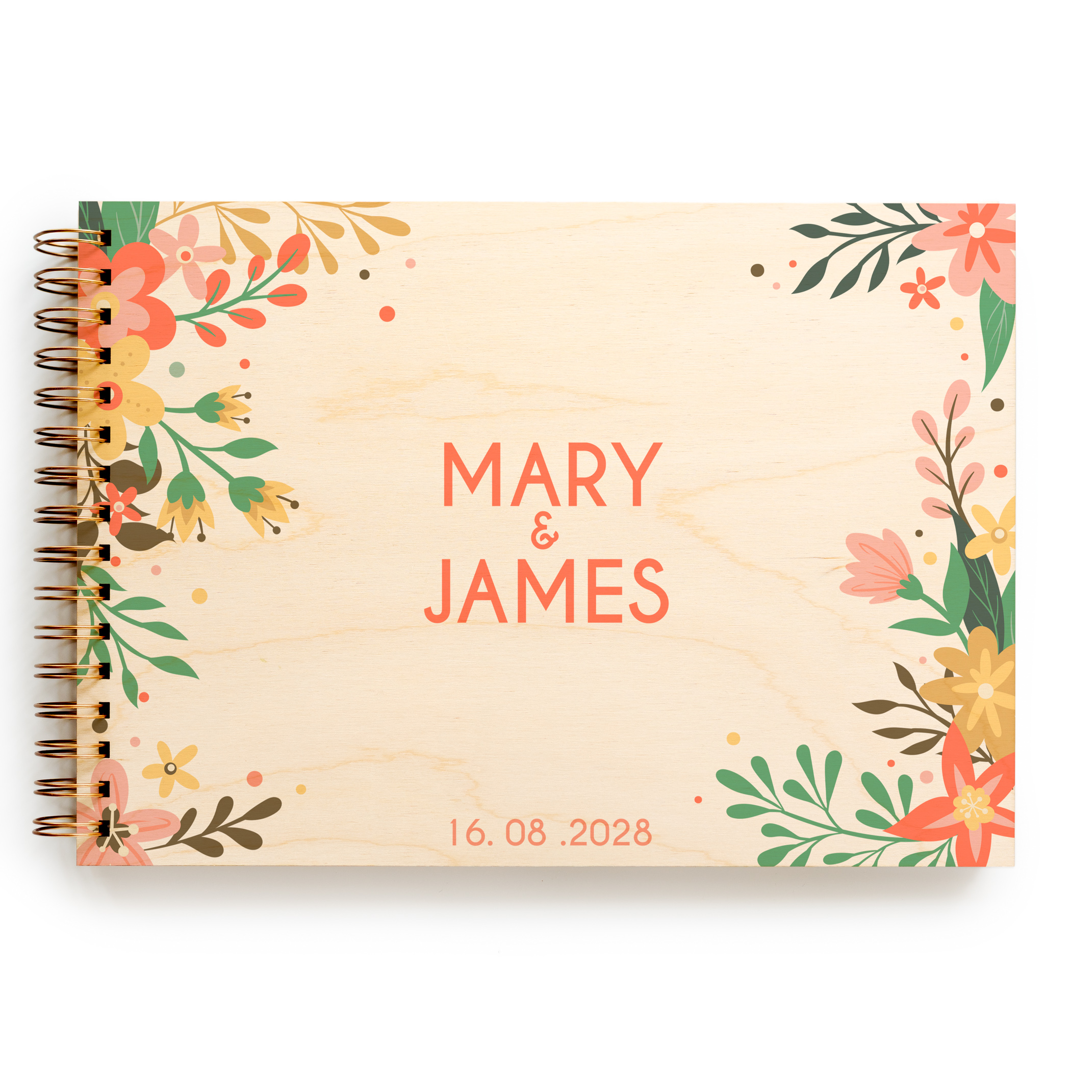 floral engraved personalised wooden wedding guest book with spiral wire binding and personalised wooden cover