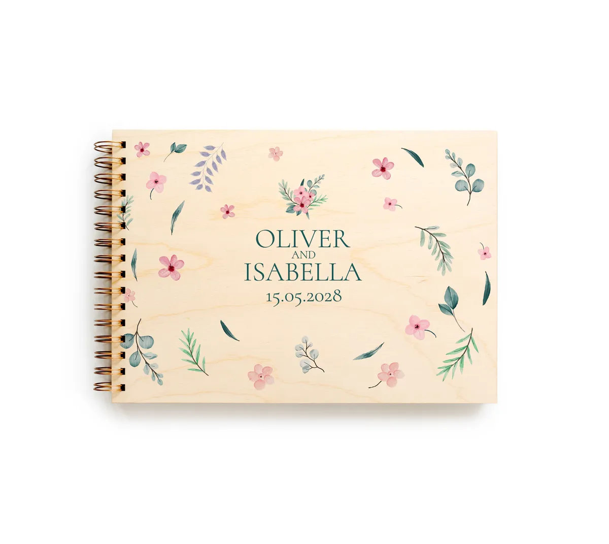 engraved personalised wooden wedding guest book with spiral wire binding and personalised wooden cover