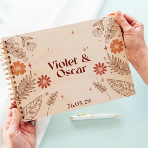 autumn boho personalised wooden wedding guest book with spiral wire binding and personalised wooden cover