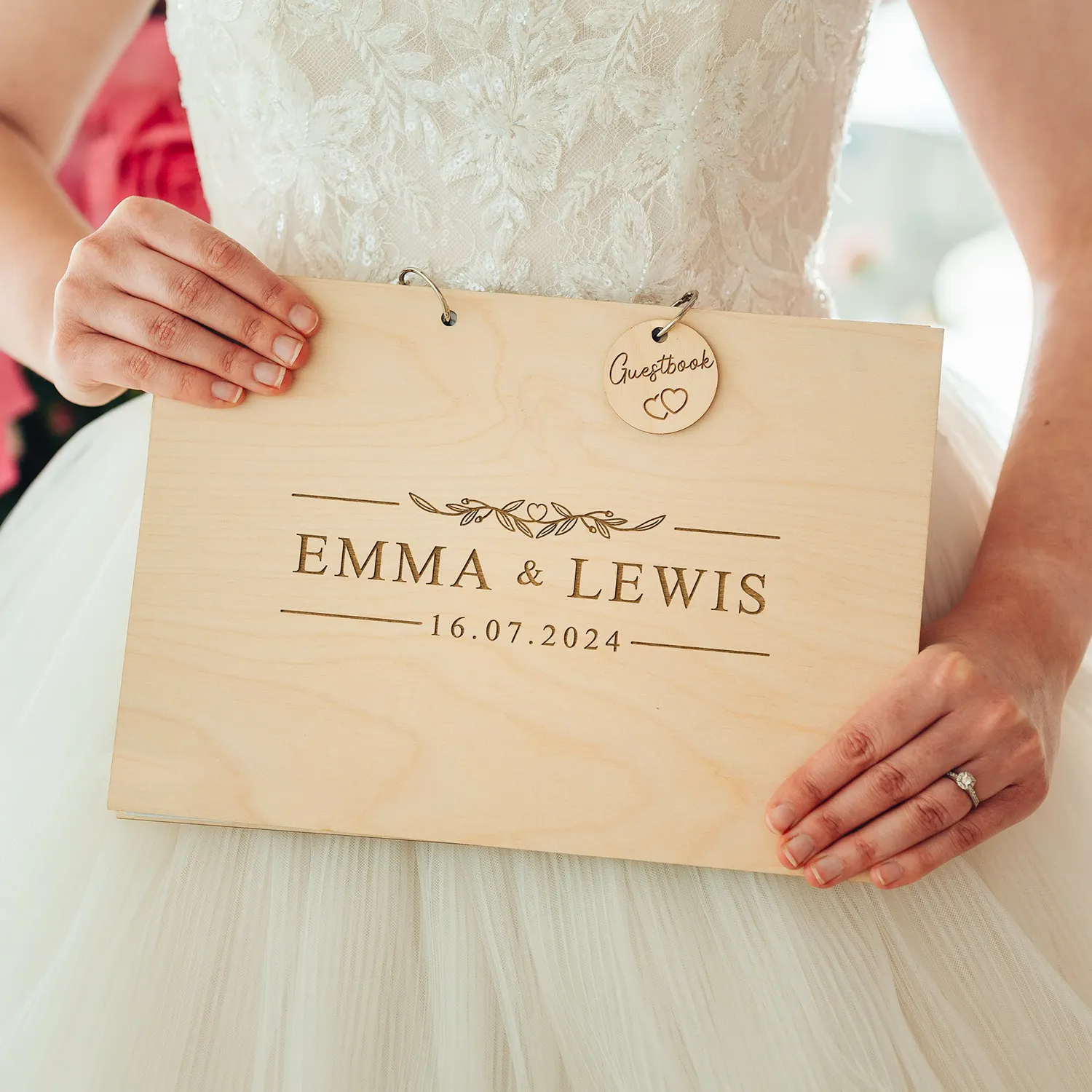 Personalised wooden wedding guest book with modern geometric engraved design handmade in Norwich