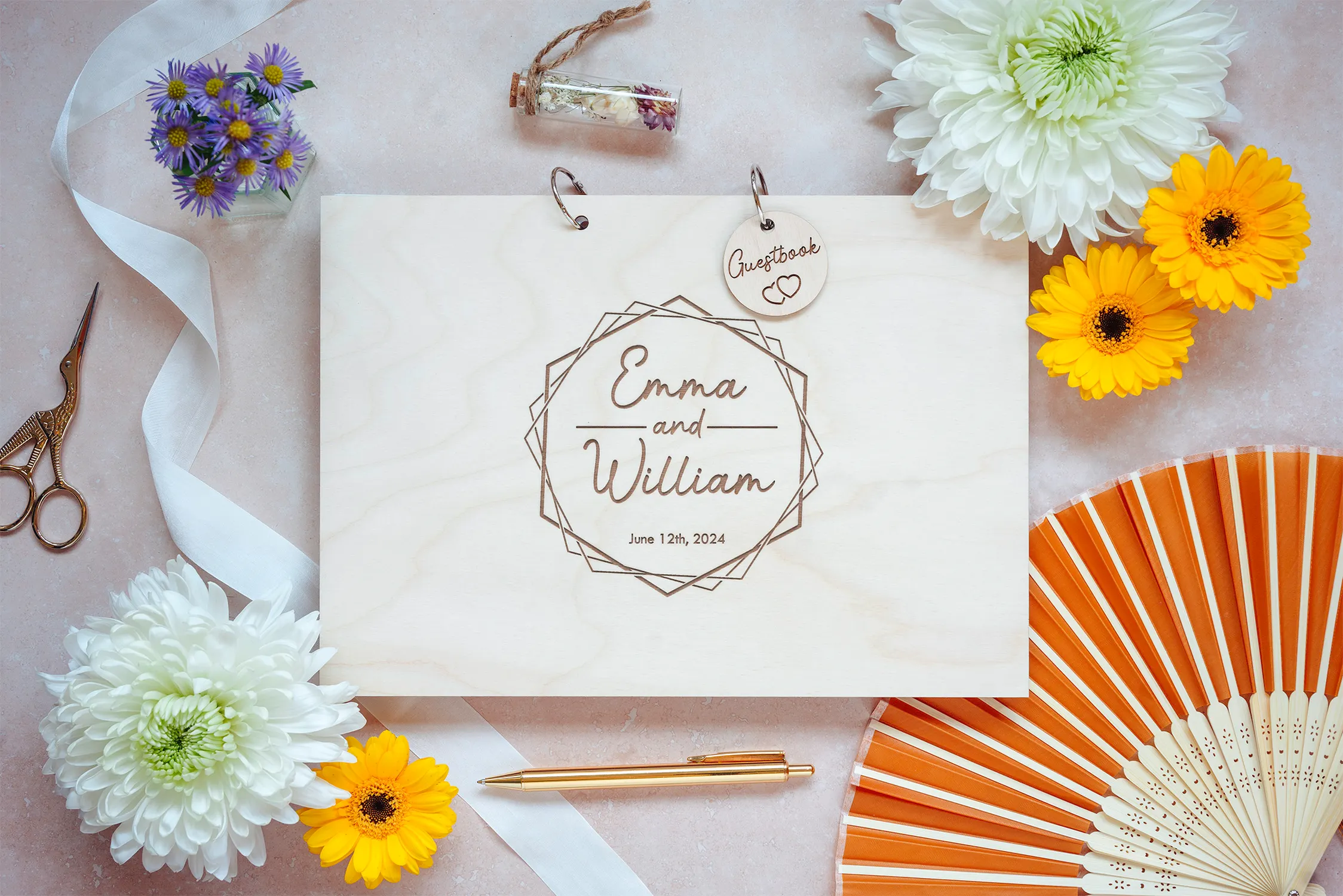 Modern Geometric Wedding Guest Book open showing the lined interior pages
