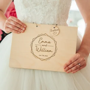 UV colour-printed wooden wedding guest book with watercolour floral cover personalised for wedding day