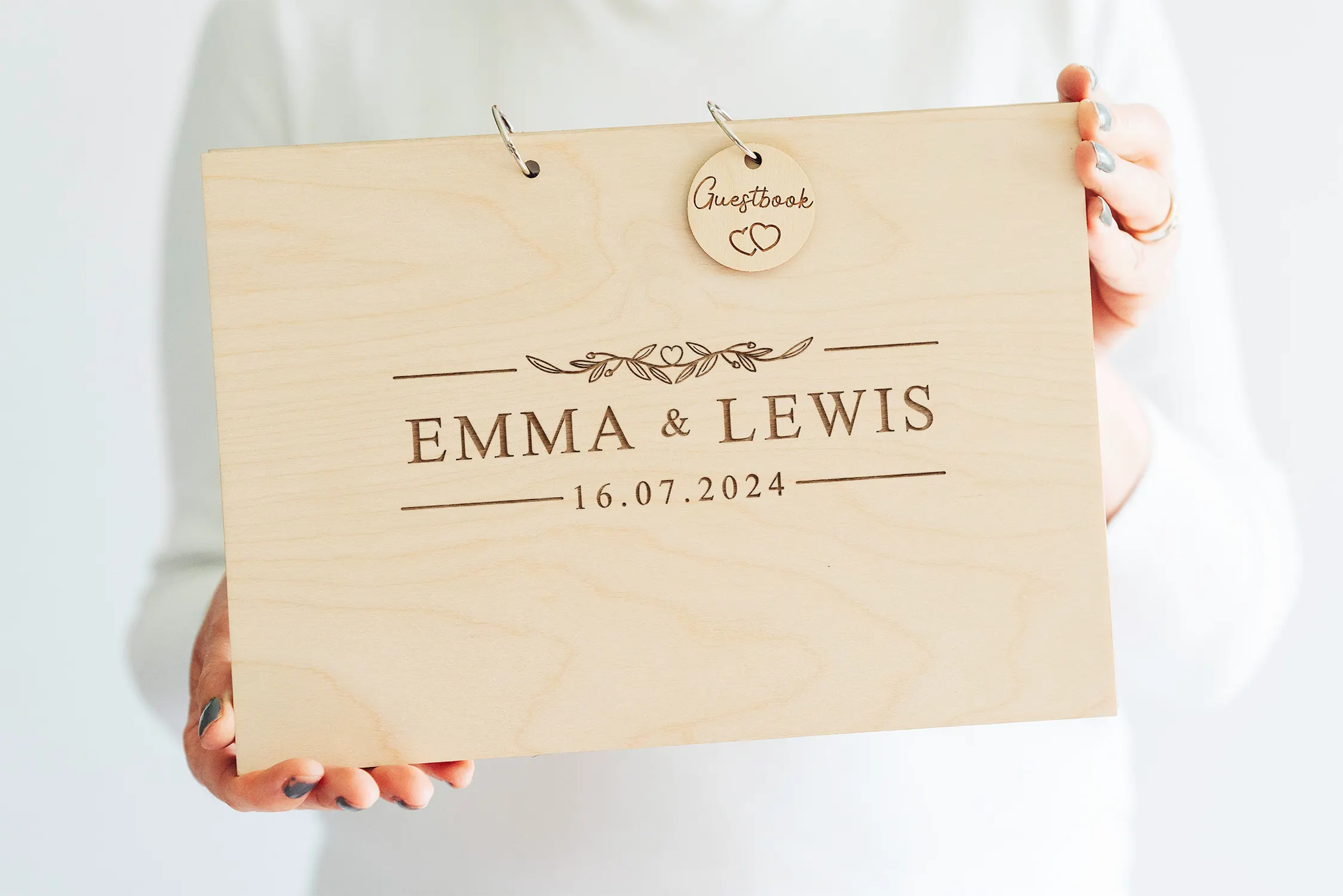 Personalised modern alternative wedding guest book with couple's names and date