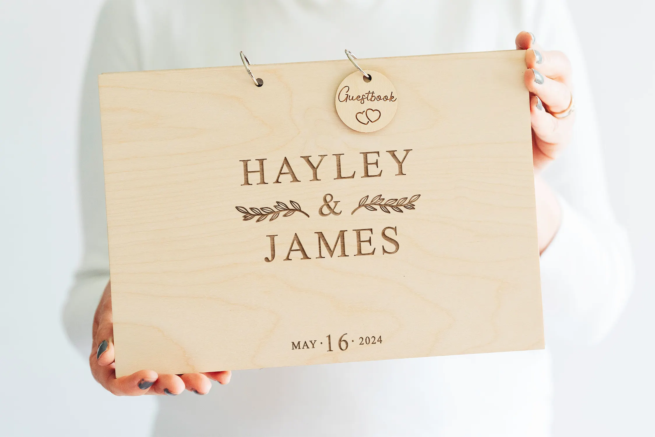 Personalised contemporary minimal wedding guest book with couple's names and date