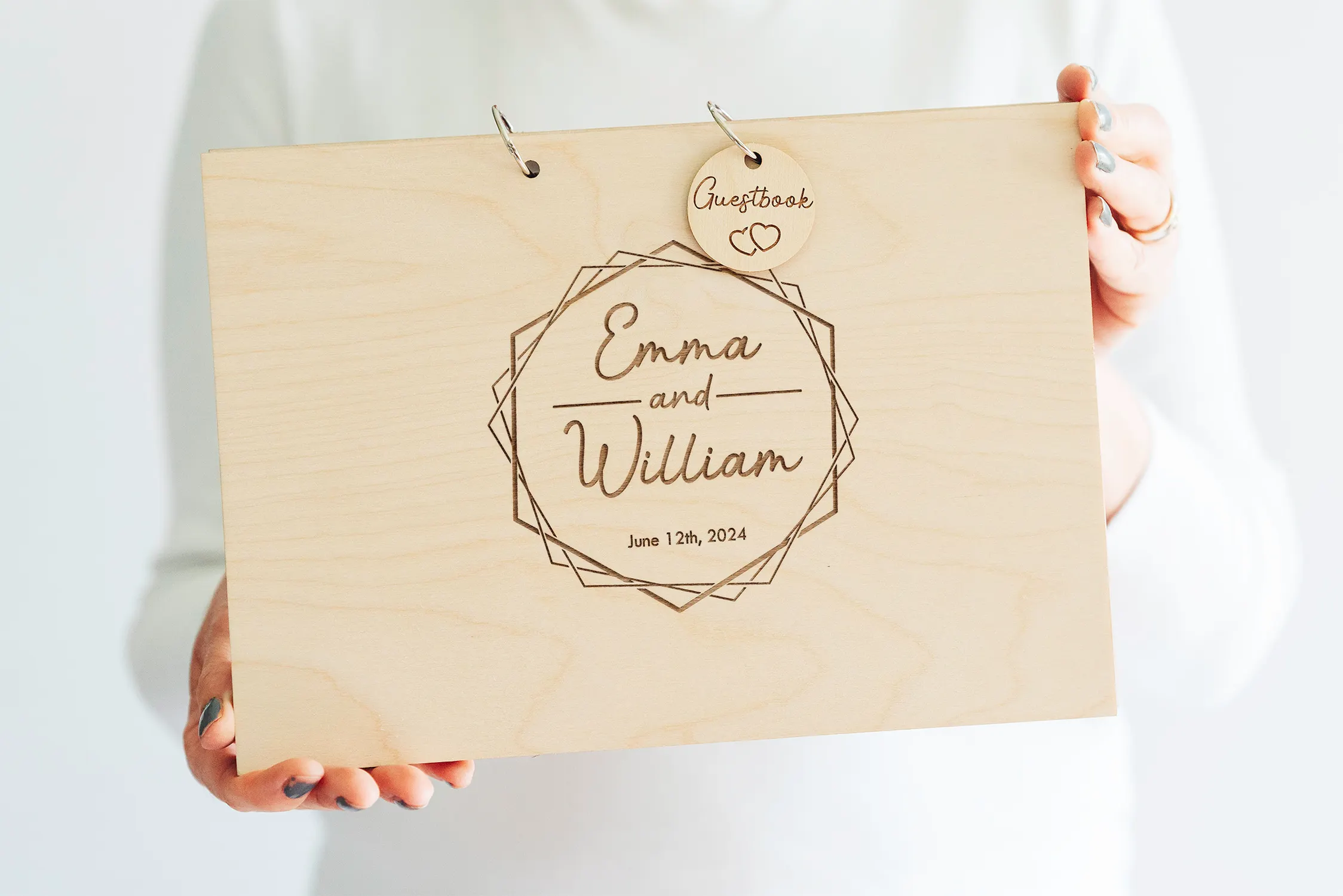 Modern Geometric Wedding Guest Book shown in A5 and A4 size options