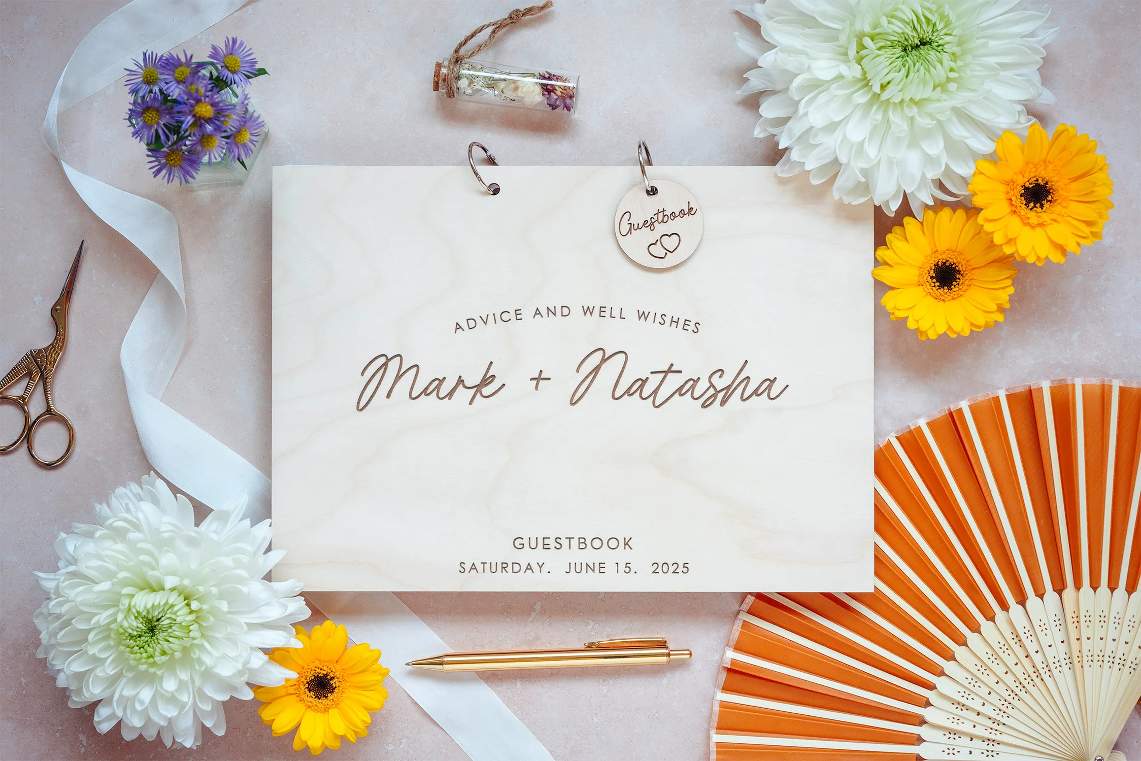 Rustic Advice & Well Wishes Guest Book open showing the lined interior pages