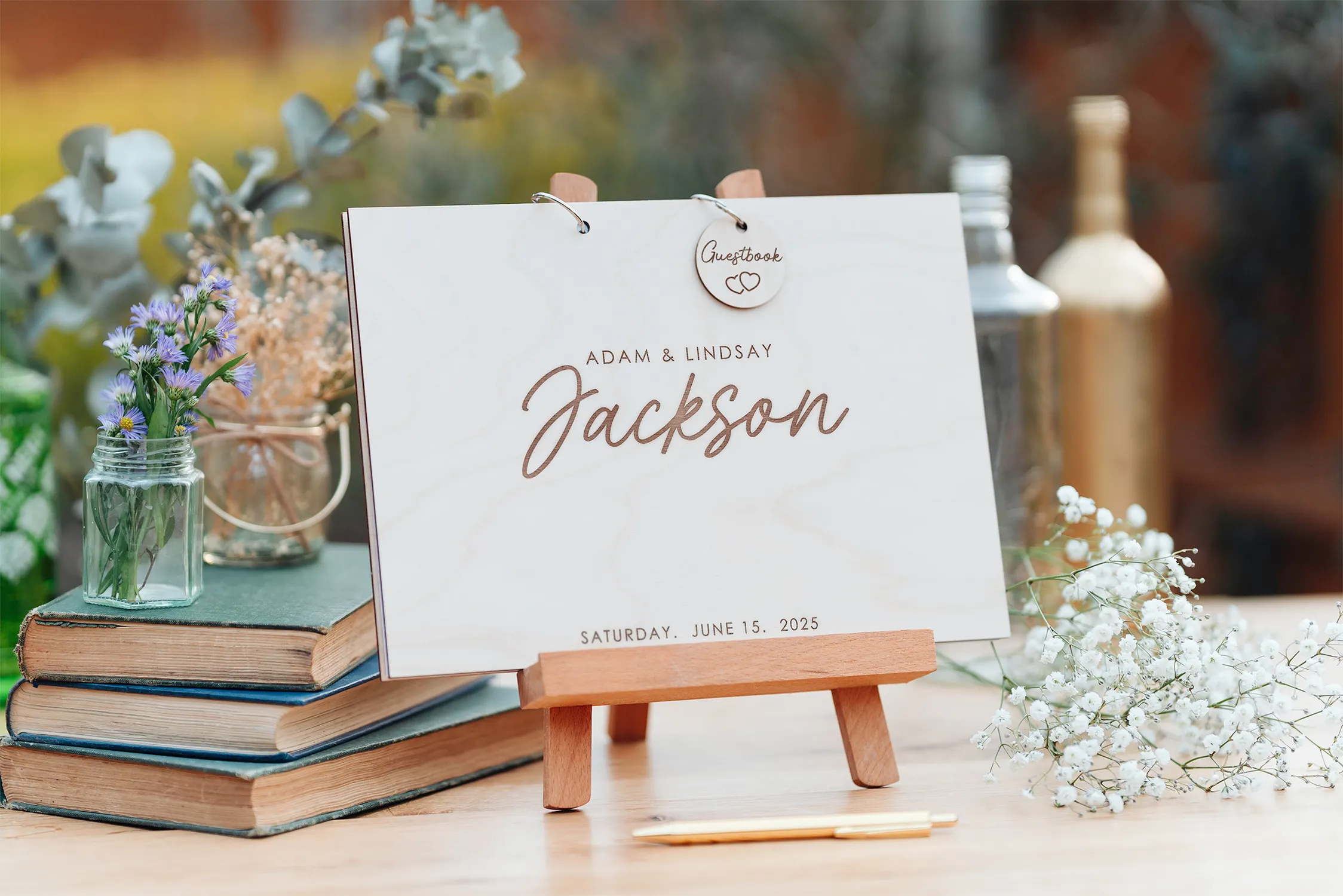 Photo Booth Wedding Guest Book propped upright displaying the full cover