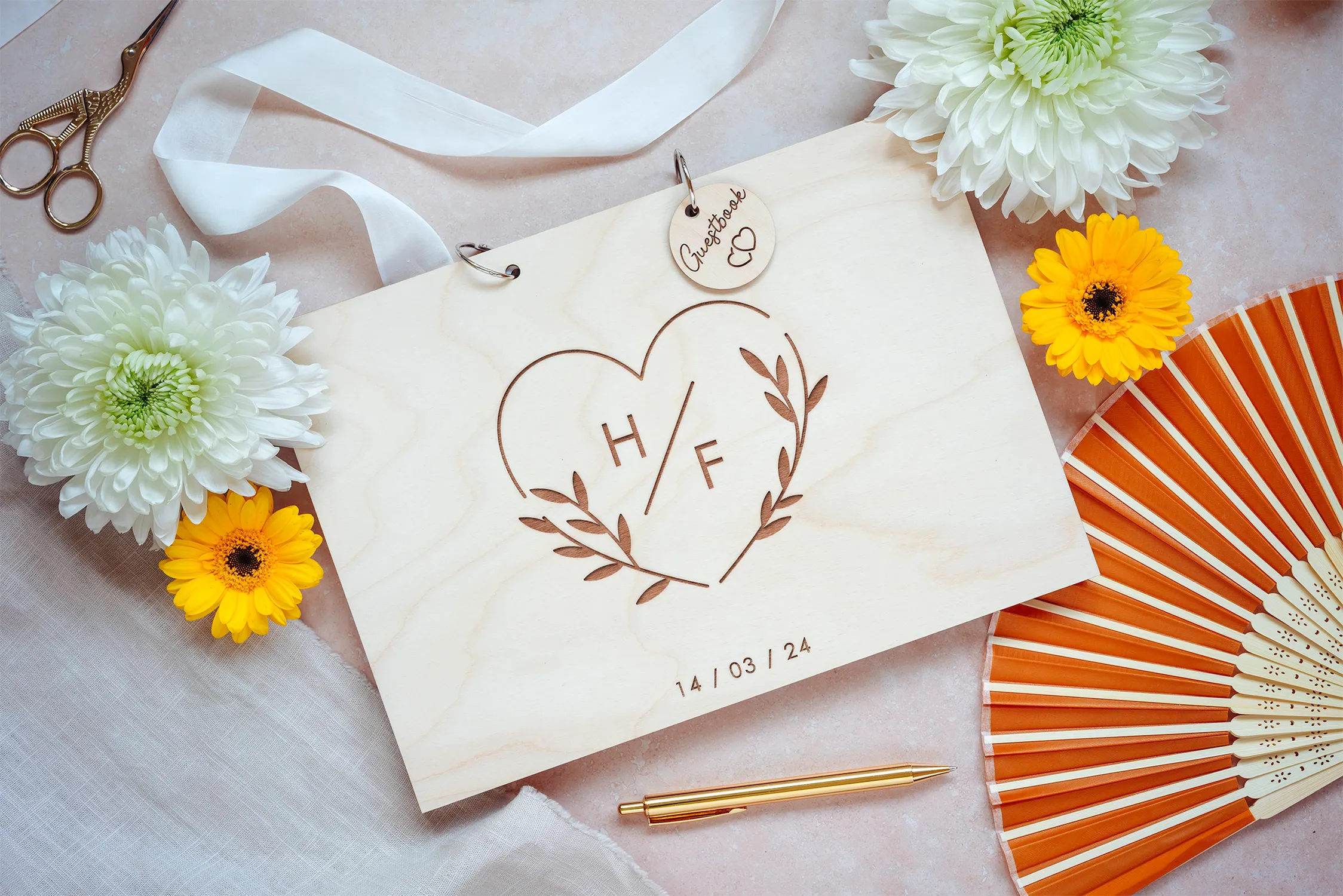 Bespoke Wedding Guest Book open showing the lined interior pages