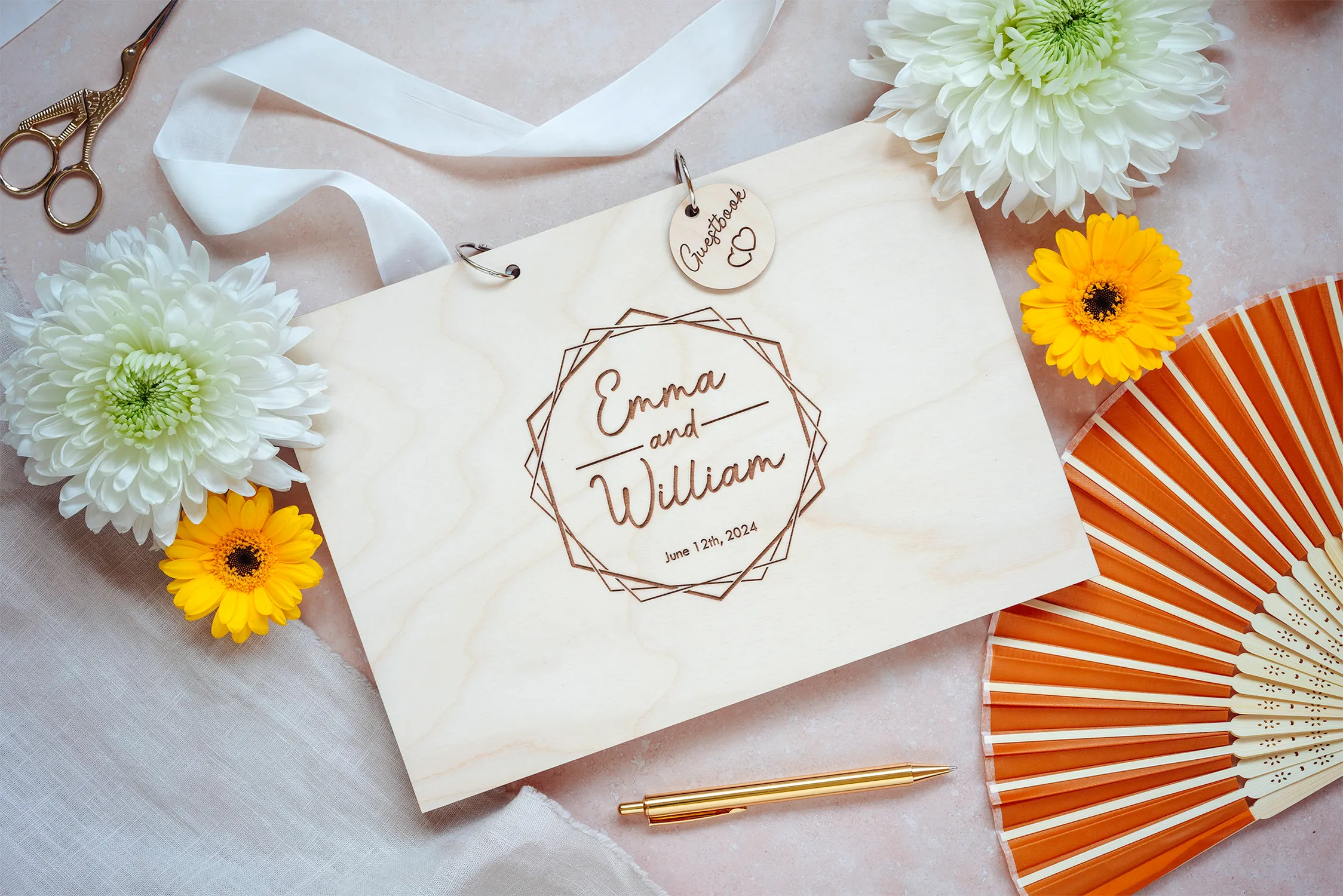 Laser-engraved wooden cover of the modern geometric wedding guest book