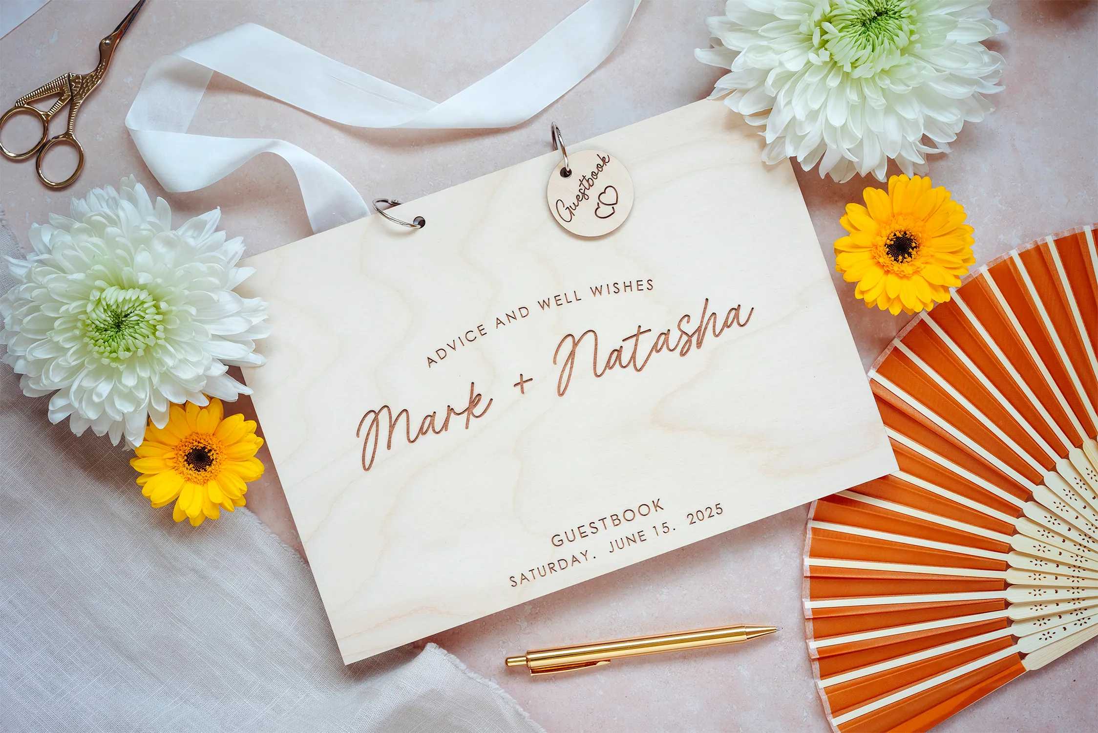 Laser-engraved wooden cover of the rustic advice & well wishes guest book