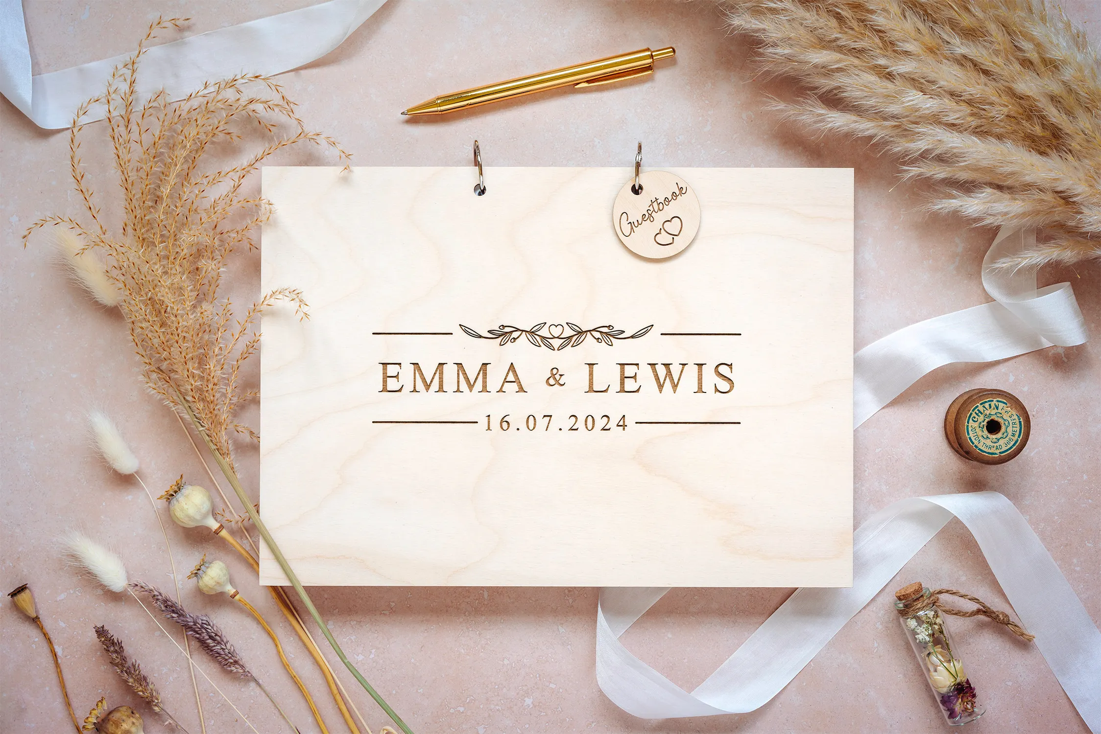Laser-engraved wooden cover of the modern alternative wedding guest book