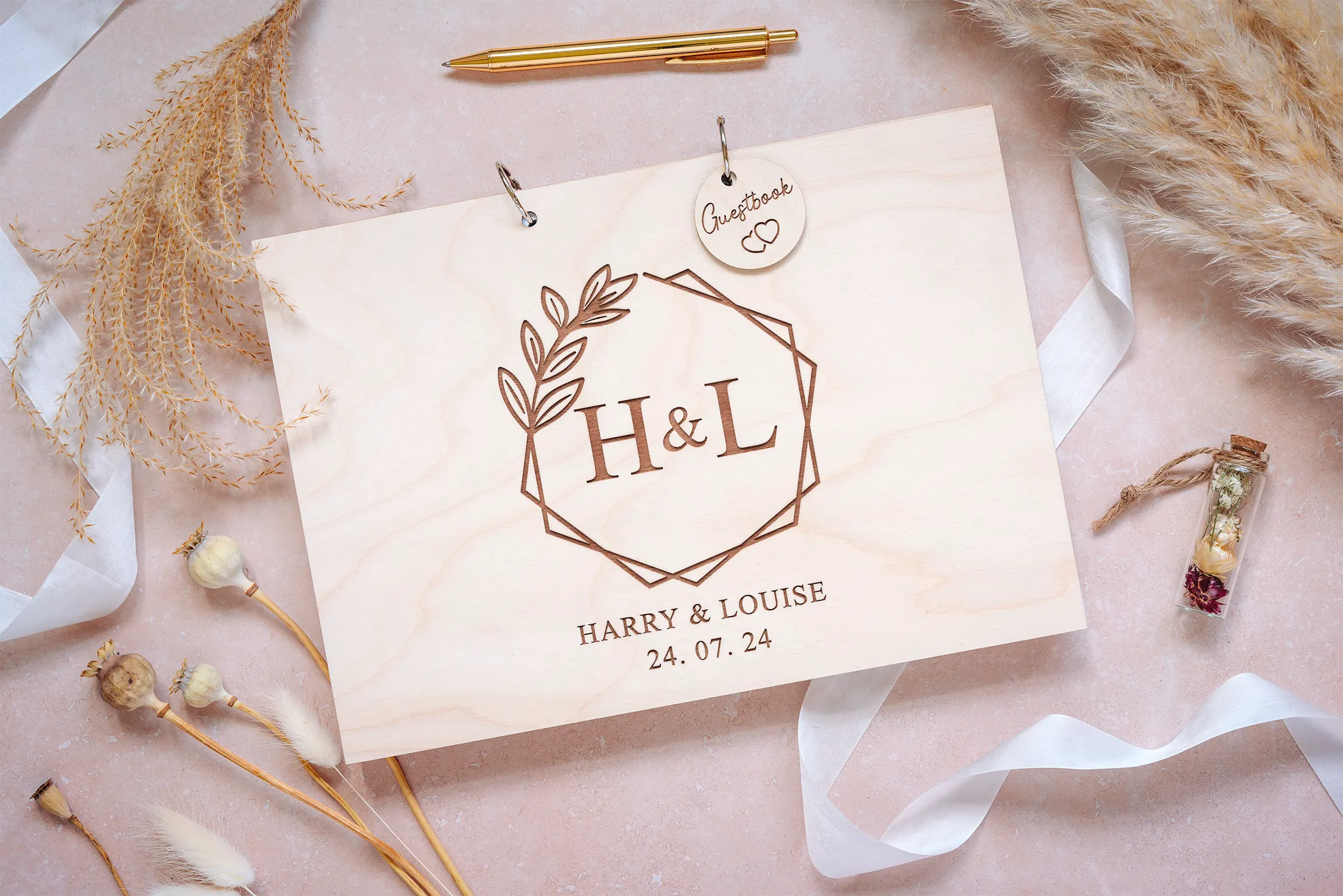 Wedding-Guestbook-82.webp Laser-engraved wooden cover of the geometric floral wedding guest book
