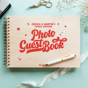 Retro wedding photo guest book open flat showing thick white pages ready for polaroid and Instax prints