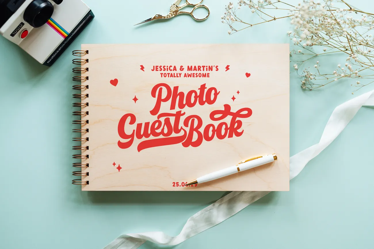 Retro wedding photo guest book open flat showing thick white pages ready for polaroid and Instax prints