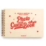 Personalised retro wooden wedding photo guest book with bold red typography and heart motifs on birch wood cover