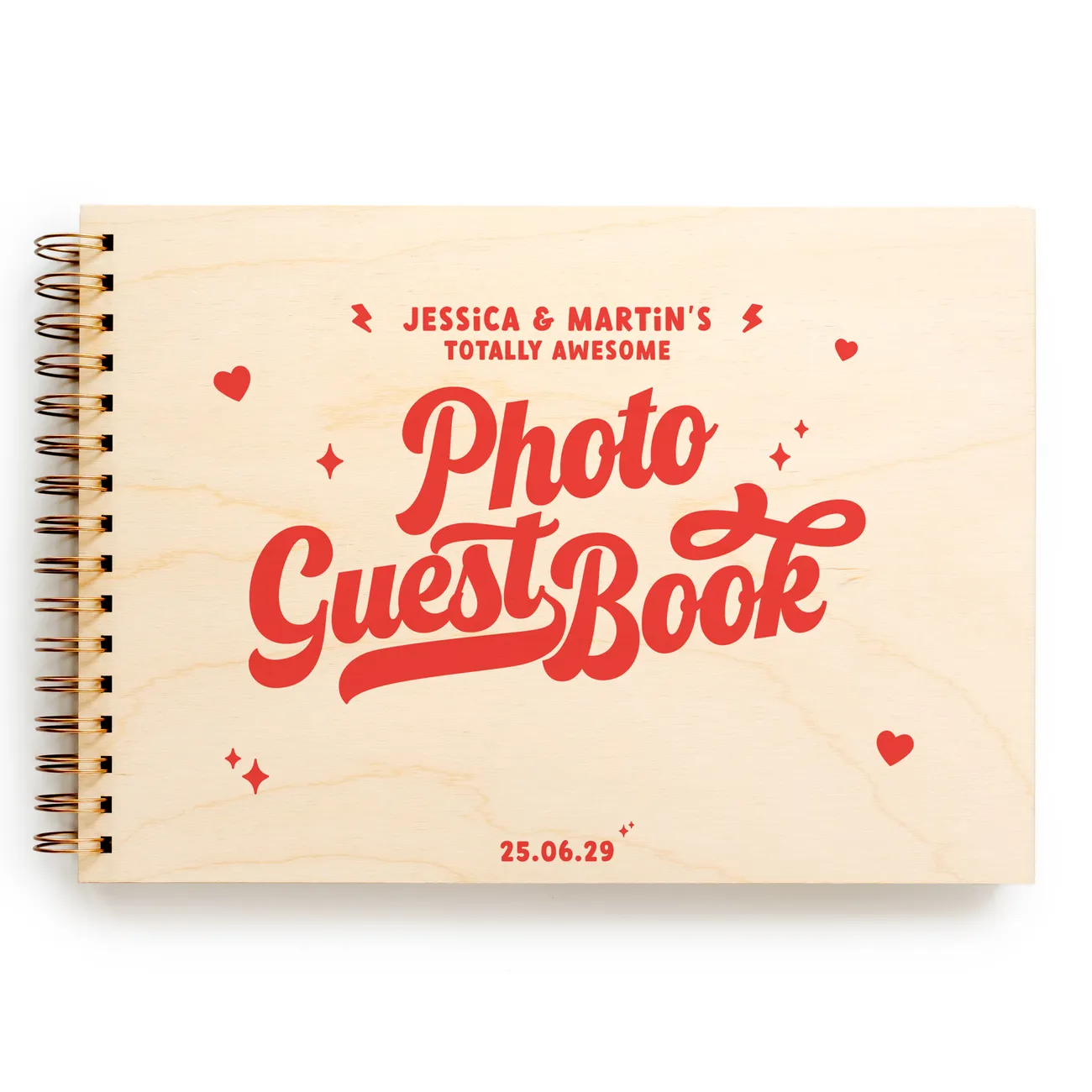 Personalised retro wooden wedding photo guest book with bold red typography and heart motifs on birch wood cover